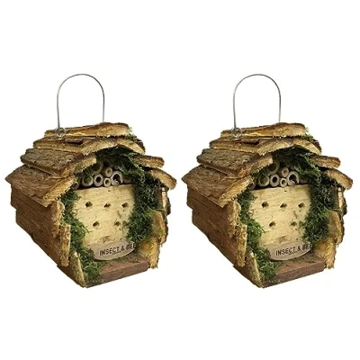 Image of Wooden Bee, Bug &amp; Insect Hotel Hanging Garden Wildlife Habitat (Pack of 2)