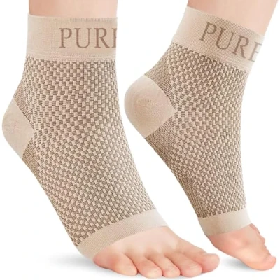 Image of Pure Health Ankle Support for Ligament Damage Sprained Ankle, Achilles Tendonitis Foot &amp; Plantar Fasciitis Strap, Heel Pain Relief Wrap Compression (Beige Pair, S)