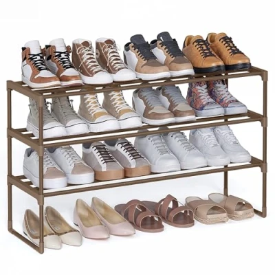 Image of SONGMICS 3 Tier Shoe Rack, Storage Organiser, Metal Upright or Upside Down, Fits 16 to 20 Pairs, Stackable, for Hallway, 30 x 92 55 cm, Walnut Brown LSA303K01