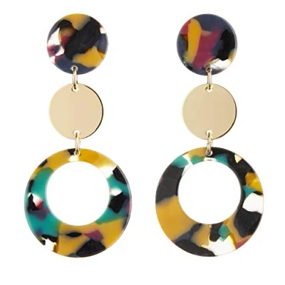 Image of Clip On Earrings Gold Plated Drop Earring With Multi Coloured Acrylic Edris M