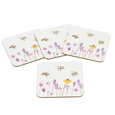 Image of Set Of 4 Busy Bees Floral Coasters Honey Bee Square Coaster Bumble Cup Mug Table Mats