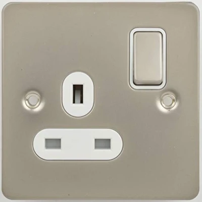 Image of Schneider Electric Ultimate Flat Plate Switched Single Power Socket, Pole, 13A, GU3210WPN, Pearl Nickel with White Insert