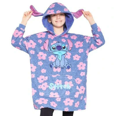 Image of Disney Stitch Fleece Hoodie Blanket for Kids and Teenagers One Size Fluffy Oversized Gifts (Blue Floral)