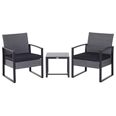 Image of Outsunny 3 Pieces Rattan Bistro Set, Wicker Garden Furniture Set with Glass Top Coffee Table and Chairs, Washable Cushions, for Outdoor, Patio, Balcony, Grey