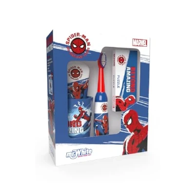 Image of Spiderman Kids Oral Care Kit Gift Set Contains Battery Powered Electric Toothbrush with Soft Bristles, Mint Toothpaste, Multi Purpose Beaker and Amazing Puzzle for Ages 4+