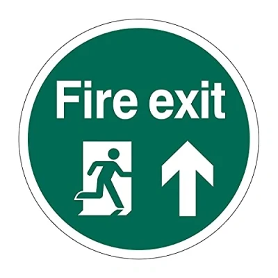Image of Fire Exit Floor Sticker Safety Sign, Hard Wearing Non Slip/Abrasive Lamination, R9 Grade For Slip Resistance, High Strength Adhesive Backing, 400mm Diameter