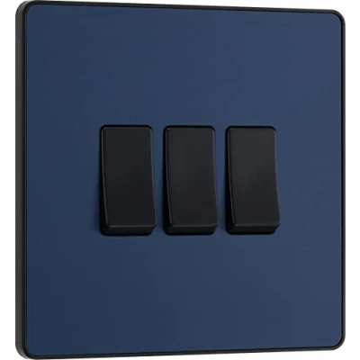 Image of BG Electrical Triple Wall Light Switch, 2 Way, Screwless Front Plate, Round Edges, Evolve, Matt Blue, 20A, 16AX, PCDDB43B