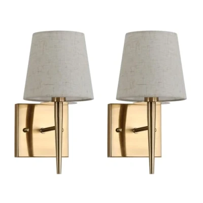 Image of Kaj Hejmo Mid Century Modern Wall Sconce with Beige Fabric Shade 1 Light Antique Gold Indoor Lamp Fixture Hallway Bathroom Vanity Sconces Lighting (2 Pack)