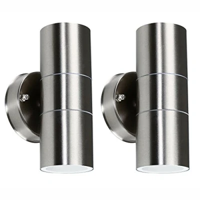 Image of Pair of Modern Brushed Chrome Outdoor Garden Up/Down Security Wall Lights IP44 Rated Complete with 5w GU10 LED Bulbs [3000K Warm White]