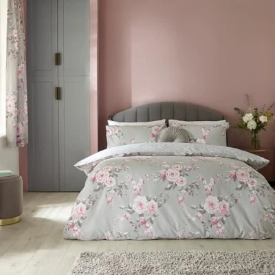 Image of Catherine Lansfield Canterbury Floral Reversible Double Duvet Cover Set with Pillowcases Grey