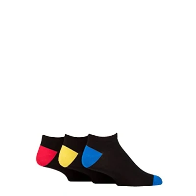 Image of Mens 3 Pair SOCKSHOP Wildfeet Bamboo Trainer Socks Black Blue / Yellow Red Heel &amp; Toe 7 11