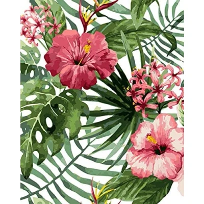 Image of Awesocrafts Paint by Numbers Kits, Tropical Flowers Leaves Plants Number Painting for Adults and Kids 16x20 inch (Tropical, No Frame)