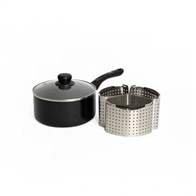 Image of MasterClass Heavy Duty Non Stick 20cm Saucepan with Lid and Set of Three Stainless Steel Divider Baskets