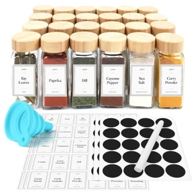 Image of Joejis Spice Jars with Lids and Labels 24 Pieces 120ml Glass Containers Set Bamboo Lid Ultimate Kitchen Storage Solution for Spices Herbs