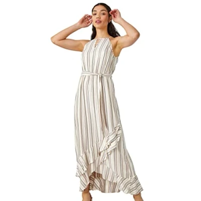 Image of Roman Originals Women Stripe Print Frill Detail Maxi Dress Ladies Spring Everyday Summer Evening Vacation Work Holiday Sleeveless Smart Casual White Size 8