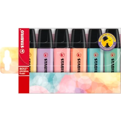 Image of Highlighter STABILO BOSS ORIGINAL Pastel Pack of 6 Milky Yellow, Creamy Peach, Pink Blush, Lilac Haze, Hint Mint, Touch Turquoise