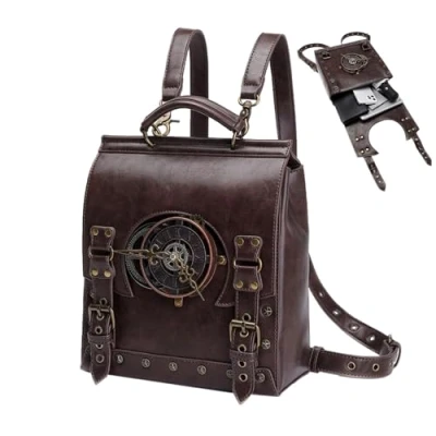 Image of PRIMUZ Leather Backpack, Laptop Bag Steampunk Travel Rucksack Retro Bag, Large Medieval Backpack PU Punk For Men Women