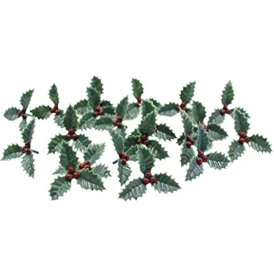 Image of Christmas Cake Decoration Decorating 50 Pcs Small Plastic Holly Leaf with 3 Berries Yule Log Topper Cupcake