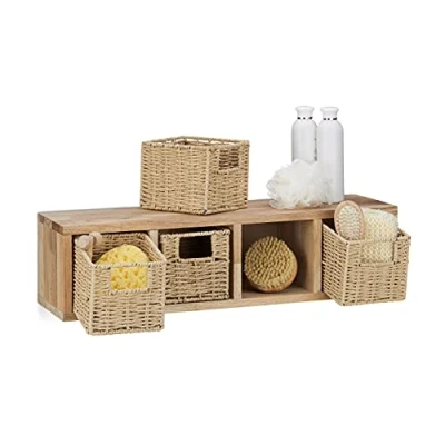 Image of Relaxdays Walnut Hanging Storage Unit with 4 Removable Baskets and Design for Wall Mounting, Wood, Natural Brown