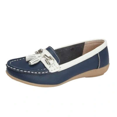 Image of Womens Ladies Moccasins Two Tone Leather Tassel Loafers Comfort Boat Dark Blue Shoes Size UK 8