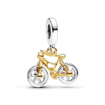 Image of Pandora Moments Moveable bike sterling silver and 14k gold plated dangle with clear cubic zirconia