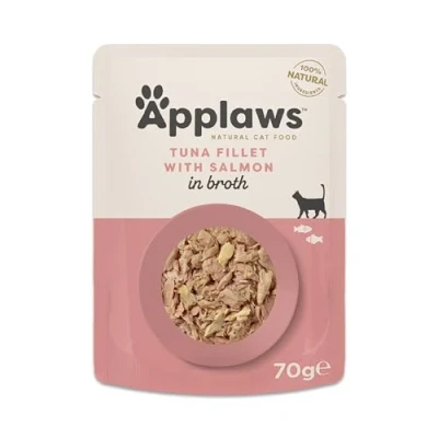 Image of Applaws 100% Natural Adult Wet Cat Food, Tuna Fillet with Salmon in Broth 70g Pouch (12 x Pouches)