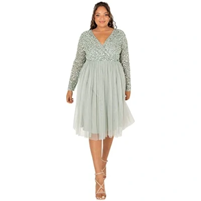 Image of Maya Deluxe Women&#039;s Ladies Wedding Guest Midi Dress Long Sleeve Plunging Neckline V Neck Sequin Embellished Graduation Bridesmaid, Green Lily, 24