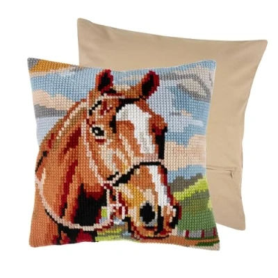 Image of Trimits Cross Stitch Cushion Kit, Back Included, Pre Printed Canvas, Yarn and Needle Included 40 x 40cm (15.75 15.75in), Horse Brown