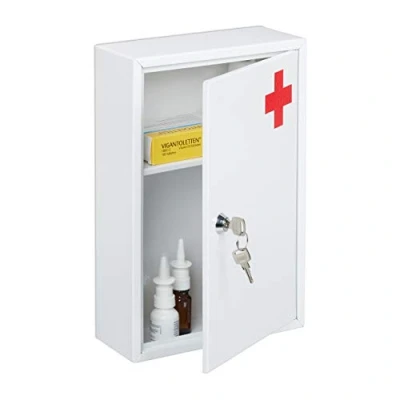 Image of Relaxdays, lockable, unfilled, 2 compartments, wall medicine cabinet, H x D: 32 21.5 8 cm, white/red, Metal Iron, 21,5 cm