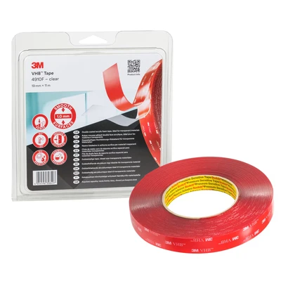 Image of 3M 4910 VHB Adhesive Tape, 12 mm x 33 m, 1.0 mm, Clear, Film Liner, Pack of 6