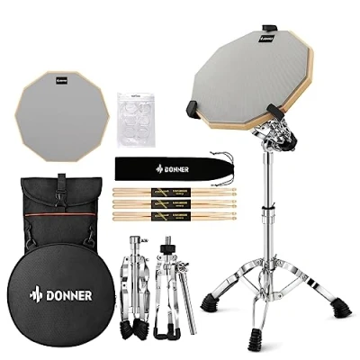 Image of Donner Drum Practice Pad with Snare Stand Kit, Including double Sided 12 Inch Pad, Drumsticks, Adjustable Fits 10&#039;&#039; 14&#039;&#039; Dia Drums