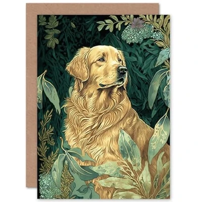 Image of Artery8 Golden Retriever Dog in Nature Modern Watercolour Illustration Art Birthday Sealed Greeting Card Plus Envelope Blank inside