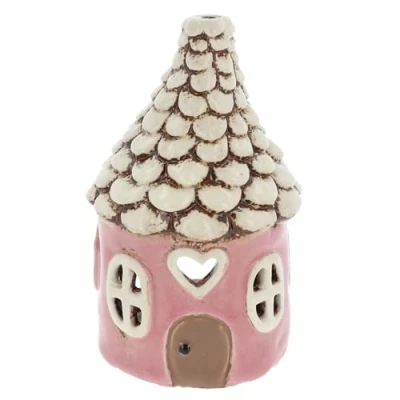 Image of Shudehill Giftware Village Pottery Round Heart House Tealight Holder Blue, Pink &amp; Grey (Pink)