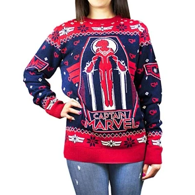 Image of Captain Marvel Women&#039;s Premium Red Black Knitted Christmas Jumper