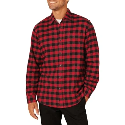 Image of Amazon Essentials Men&#039;s Long Sleeve Flannel Shirt (Available in Big &amp; Tall), Black Red Buffalo Plaid, M