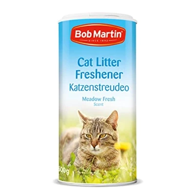 Image of Bob Martin Cat Litter Freshener Powder, Meadow Fresh Scent Effective Odour Control for Longer Lasting Freshness, Made in the UK (500g)