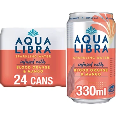 Image of AQUA Libra Sparkling Water, Sugar Free Fruit No Sugar, Calories, Blood Orange and Mango, 330 ml (Pack of 24)