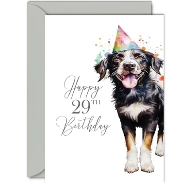 Image of 29th Birthday Cards for Women Men Party Dog Happy Card 29 Year Old Woman Man Sister Brother Daughter Son Auntie Uncle Cousin, A5 Bday Greeting