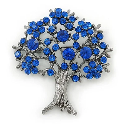 Image of Avalaya Sapphire Blue Coloured Crystal &#039;Tree of Life&#039; Brooch in Gun Metal Finish 52mm Length