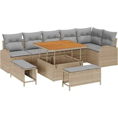 Image of vidaXL 9 Piece Garden Sofa Set with Cushions Beige Poly Rattan Acacia