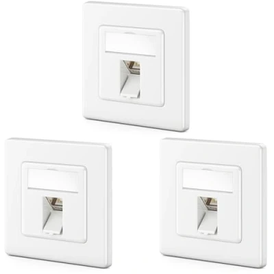 Image of deleyCON 3 x CAT7 Network Socket 1 Port LAN Connection Box Data Flush Mounted + 3x CAT 7 Keystone Module 45 Angled Outlet RJ45 DSL Patch Cable Installation
