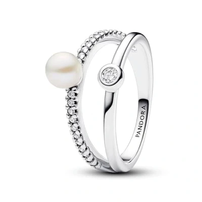 Image of Pandora Timeless Sterling silver ring with white treated freshwater cultured pearl and clear cubic zirconia, 56