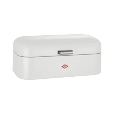 Image of WESCO Grandy bread bin in matt white, powder coated sheet steel, ventilation holes and sturdy handle