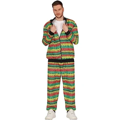 Image of FIESTAS GUIRCA 90s TV Prince Tracksuit Mens Fancy Dress Costume Jamaican Reggae Shell Suit 80s Colourful Jogging Men Size L 42 44