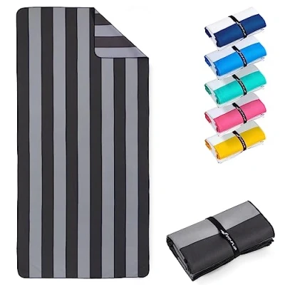 Image of Fit Flip microfibre beach towel large lightweight, compact and super absorbent sand free quick dry towel, 100% recycled travel darkgrey grey stripes 200x90cm