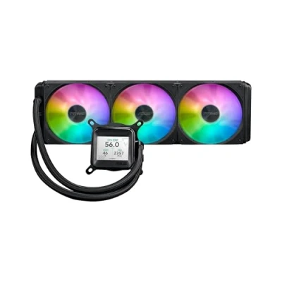 Image of ASUS Prime LC ARGB LCD all in one CPU liquid cooler with sharp screen showcasing &amp; GPU information different background, high performance Asetek pump