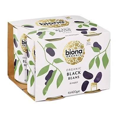 Image of Biona Organic Black Beans 400g, Pack of 4 In Water, Pre Cooked &amp; Ready to Eat No Added Sugar or Salt Source Vegan Protein and Fibre BPA Free Can, Non GMA