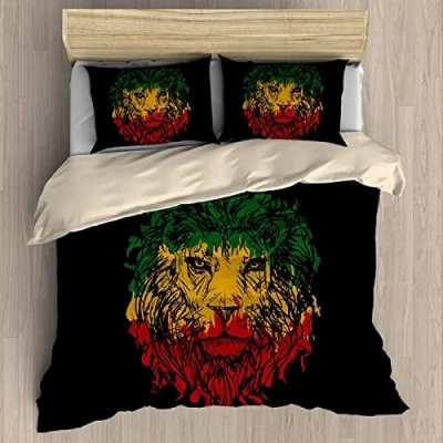 Image of Rasta Ethiopian Flag Colors on Grunge Lion Head Decorative 3 Piece Bedding Set, Kids&#039; Duvet Cover Sets, Soft Microfiber Comforter Sets with 2 Pillow Shams Casual Modern Bedroom 135x200cm
