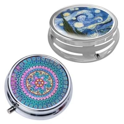 Image of 2 Pieces 3 Compartment Pill Box, Metal Round Waterproof Airtight Portable Box
