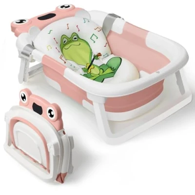 Image of DEANIC Baby Bath Tub for 0 6 12 Months Newborn, Foldable Toddler with Soft Cushion Pad, Portable Bathtub Travel Save Space (Pink)